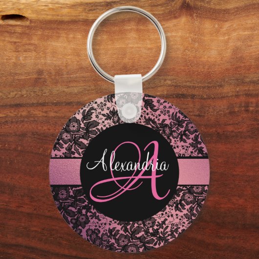Roze Blush Zwart Moody Bloemen Monogram Sleutelhanger (Achterkant)