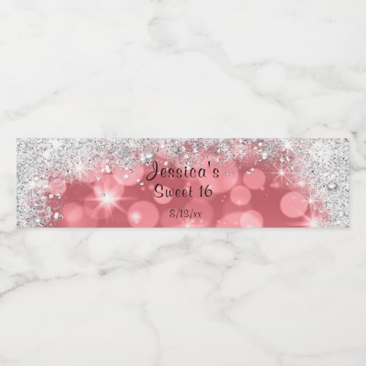 Roze Bo Ho Silver Sparking Glitter Sweet 16 Waterfles Etiket (Enkel label)