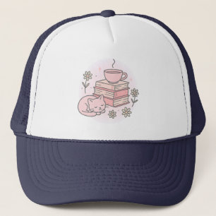 Roze Boeken Kat en kopje thee Trucker Pet