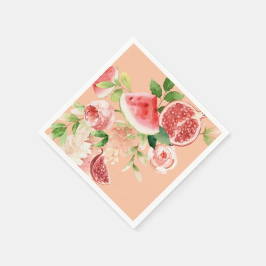 Roze boeket met fruit en gebladerte papieren serve servet (Hoek)