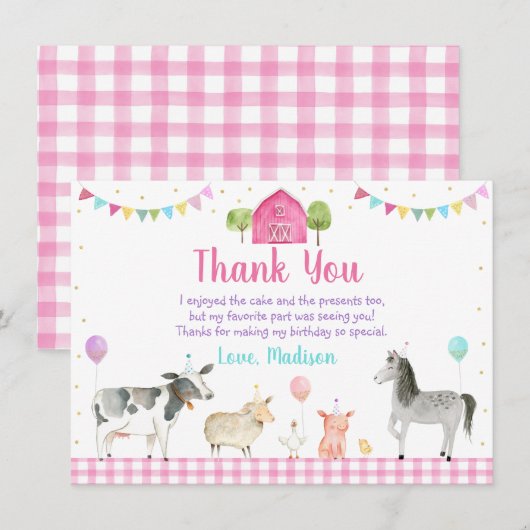 Roze Boerderij Barnyard Boerderij Animal Birthday Bedankkaart (Voorkant / Achterkant)
