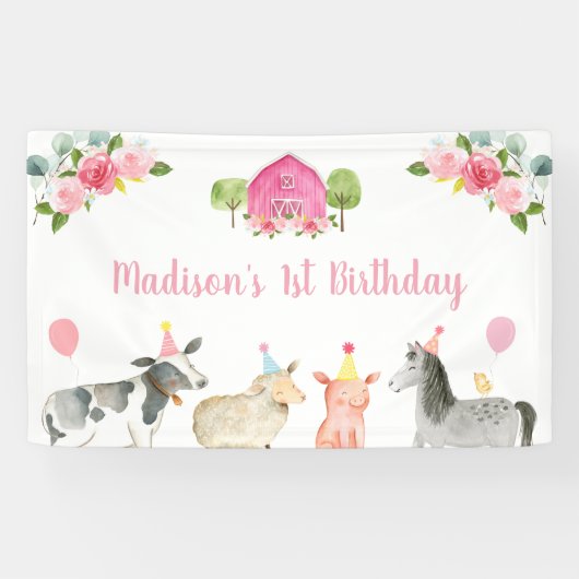 Roze Boerderij Barnyard Floral Birthday Spandoek (Horizontaal)