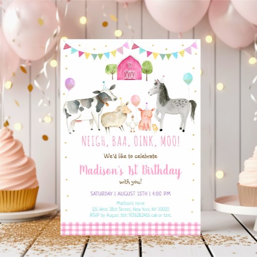 Roze Boerderij Birthday Party Kaart