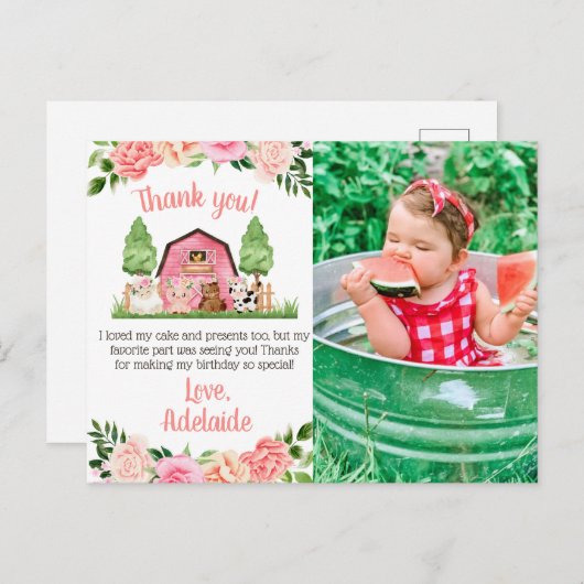 Roze Boerderij Foto 1e verjaardag Dank u Briefkaar Briefkaart (Voorkant / Achterkant)