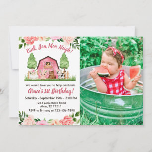 Roze Boerderij Foto 1st Birthday Uitnodiging