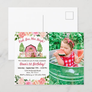 Roze Boerderij Foto 1st Birthday Uitnodiging