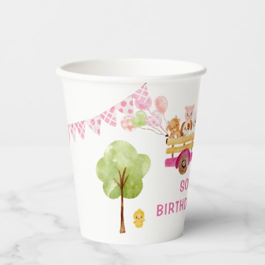 Roze Boerderijdieren verjaardagsfeestje Papieren b Papieren Bekers (Voorkant)