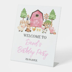 Roze Boerderijdieren Verjaardagsfeestje Reclamebord Met Voetstuk