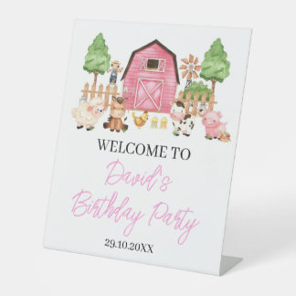 Roze Boerderijdieren Verjaardagsfeestje Reclamebord Met Voetstuk