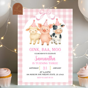 Roze Boerderijfeest Gingham Verjaardag Kaart