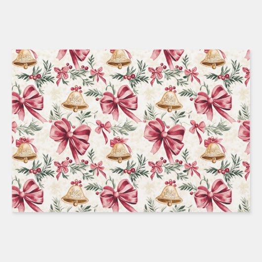 Roze Bogen Gouden Bellen Kerstmis Inpakpapier Vel (Voorkant 3)