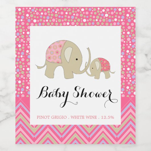Roze Bohemen Elephant and Chevron Baby shower Wijn Etiket (Enkel label)