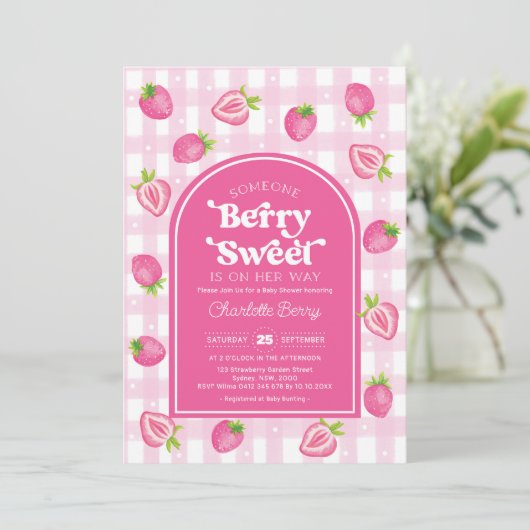 Roze Boho Aardbei Berry Sweet Baby Meisje Douche Kaart (Staand voorkant)