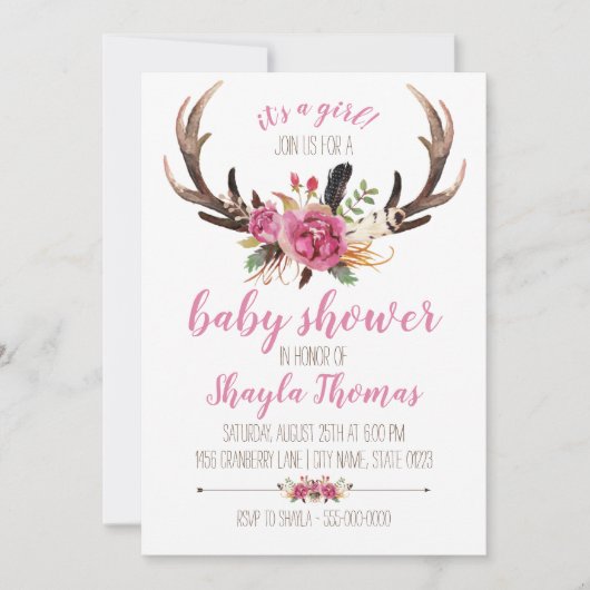Roze Boho Antler Baby shower Uitnodiging (Voorkant)
