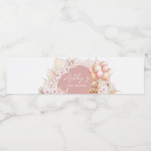 Roze Boho Beren ballon Baby shower Waterfles Etiket (Enkel label)
