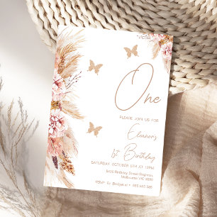 Roze Boho Bloemen en Vlinders 1e verjaardag Kaart