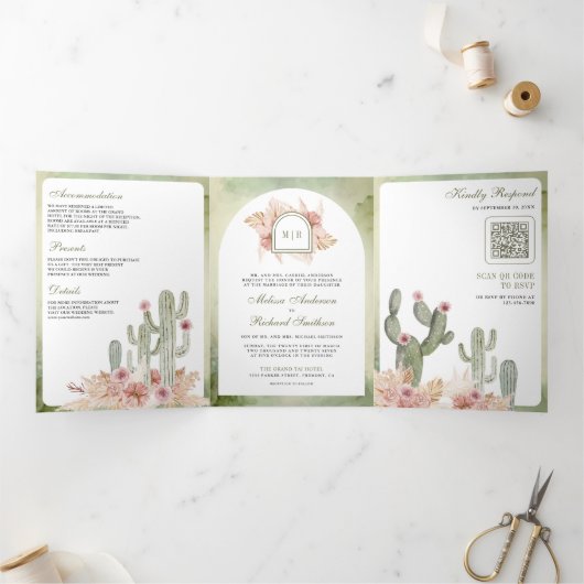 Roze Boho Bloemen Pampas Cactus QR Code Bruiloft Drieluik Uitnodiging (Binnen)