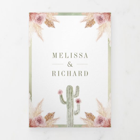 Roze Boho Bloemen Pampas Cactus QR Code Bruiloft Drieluik Uitnodiging (Cover)