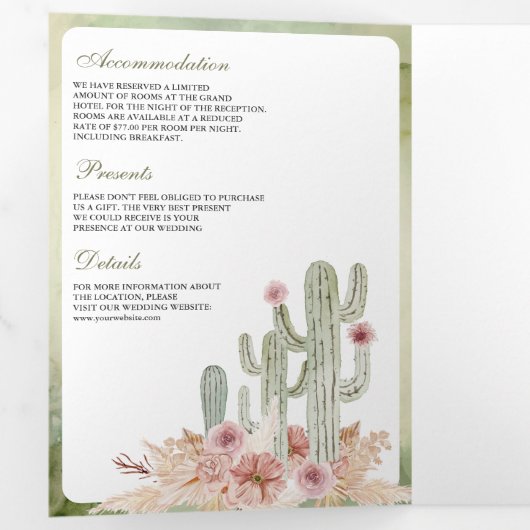 Roze Boho Bloemen Pampas Cactus QR Code Bruiloft Drieluik Uitnodiging (Binnenzijde eerst)