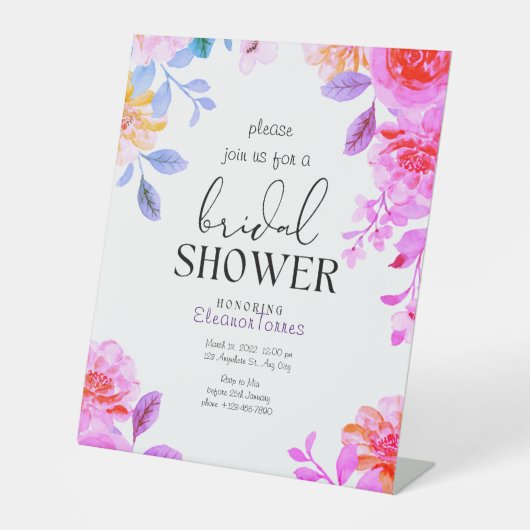 Roze boho bloemenbruids douche uitnodiging reclamebord met voetstuk (Voorkant)