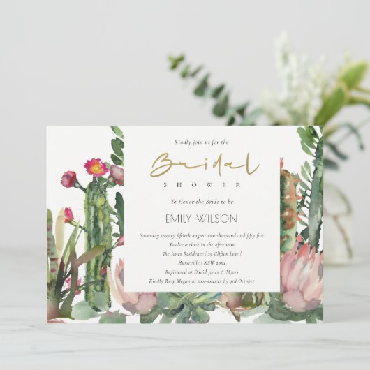 ROZE BOHO-BLOEMENKACTUS-LOOF BRUIDSSHOWER-UITNODIG KAART (Staand voorkant)