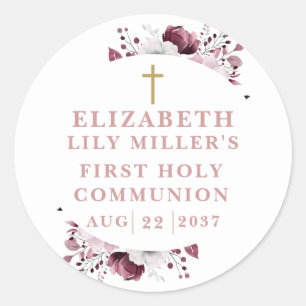 Roze Boho Bloemige Eerste Heilige Communie Ronde Sticker