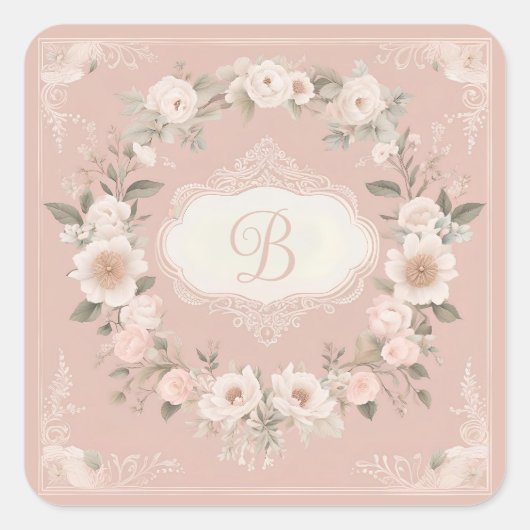 Roze Boho Bloemige Monogram Vierkante Sticker (Voorkant)