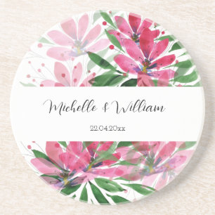 Roze Boho Bloemige Waterverf Monogramme Initialen Zandsteen Onderzetter