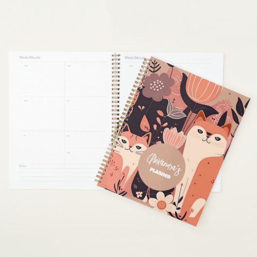 Roze Boho Cats and Flowers Personalized Planner (Display)