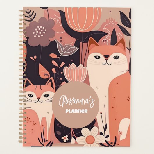 Roze Boho Cats and Flowers Personalized Planner (Voorkant)