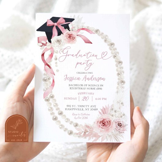 Roze Boho Coquette Bow Pearl Graduation Party Kaart