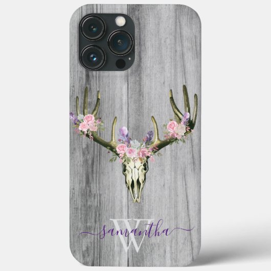 Roze Boho Deer Skull Floral Monogram Chic Hoesje M (Achterkant)