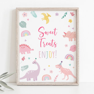 Roze Boho Dinosaurus Sweet Treats Verjaardagsteken Poster