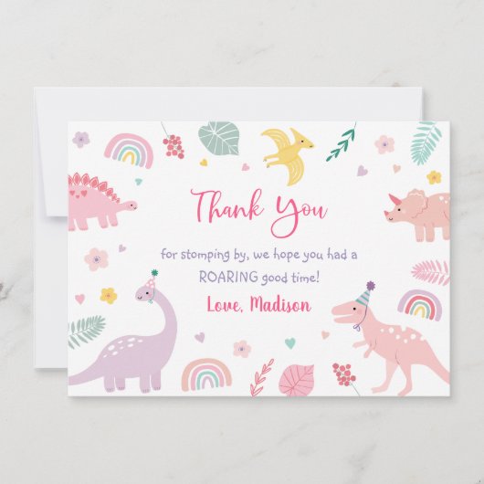 Roze Boho Dinosaurus Verjaardag Dank u Bedankkaart (Voorkant)