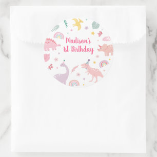 Roze Boho Dinosaurus Verjaardag Ronde Sticker