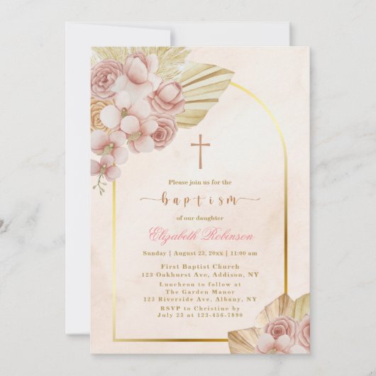 Roze Boho doop uitnodiging (Voorkant)