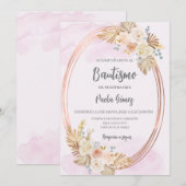 Roze Boho doop uitnodiging voor meisje (Voorkant / Achterkant)