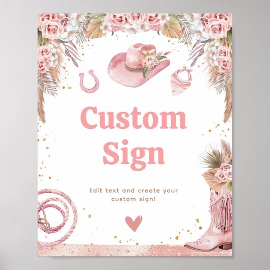 Roze Boho Eerste Rodeo 1e Verjaardag Custom Sign Poster (Voorkant)