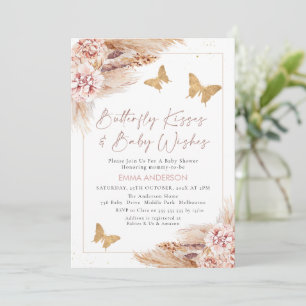 Roze Boho Floral Butterfly Kisses Baby shower Kaart