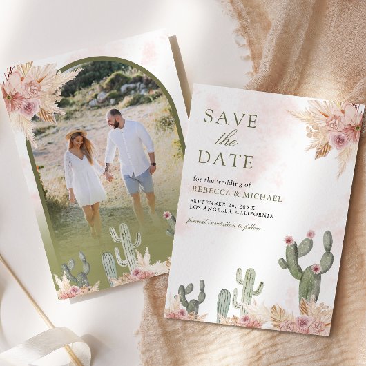 Roze Boho Floral Pampas Cactus Fotobruiloft Save The Date