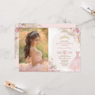 Roze Boho Floral Quinceañera 15e verjaardag Foto Kaart