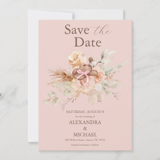 Roze Boho Floral Westerne bruiloft Save The Date (Voorkant)
