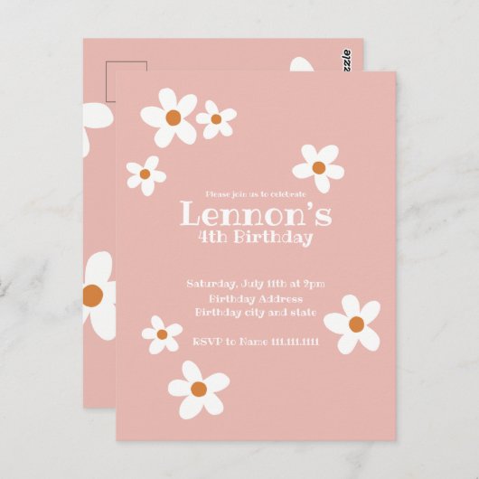 Roze Boho Madeliefje Meisje Verjaardagsfeest Uitno Briefkaart (Voorkant / Achterkant)