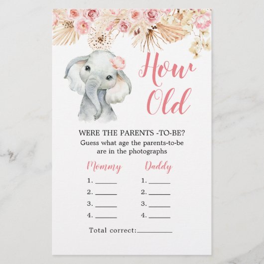Roze Boho Olifant Baby shower Hoe oud Ouders (Voorkant)
