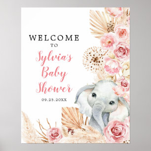 Roze Boho Olifant Meisje Baby shower Welkomstbord Poster