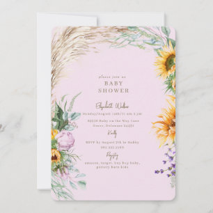 Roze Boho Pampas Zonnebloem Pioen Baby shower Kaart