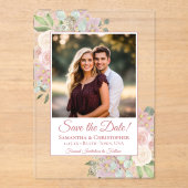 Roze Boho Rozen Floral Wedding Save the Date Foto Acryl Uitnodigingen (Voorkant)