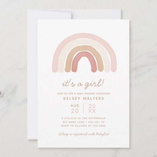 Roze Boho Waterverf Rainbow Girl Baby shower Kaart (Voorkant)
