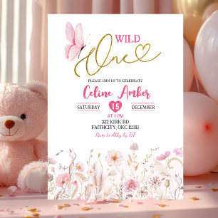 Roze Boho Wilde Bloem Vlinder Eerste Verjaardag Kaart