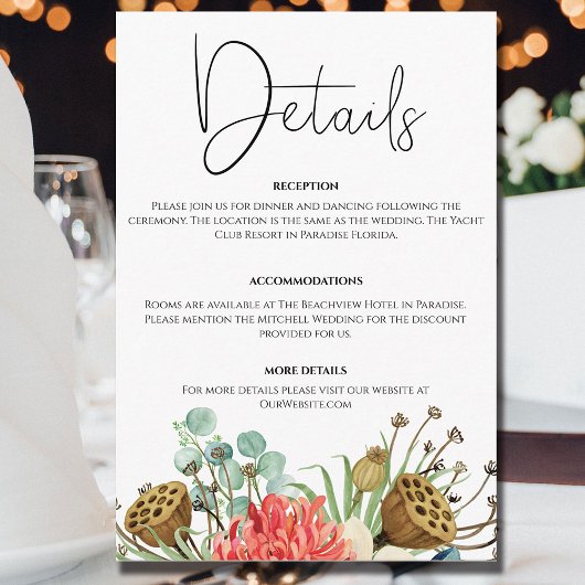 Roze Boho Wildflower Waterverf Boeket Bruiloft Informatiekaartje